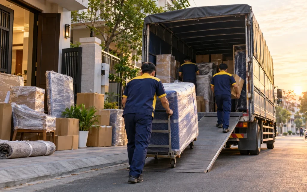 Xếp đồ lên xe tải 5 tấn cho chuyến chuyển nhà Bắc – Nam