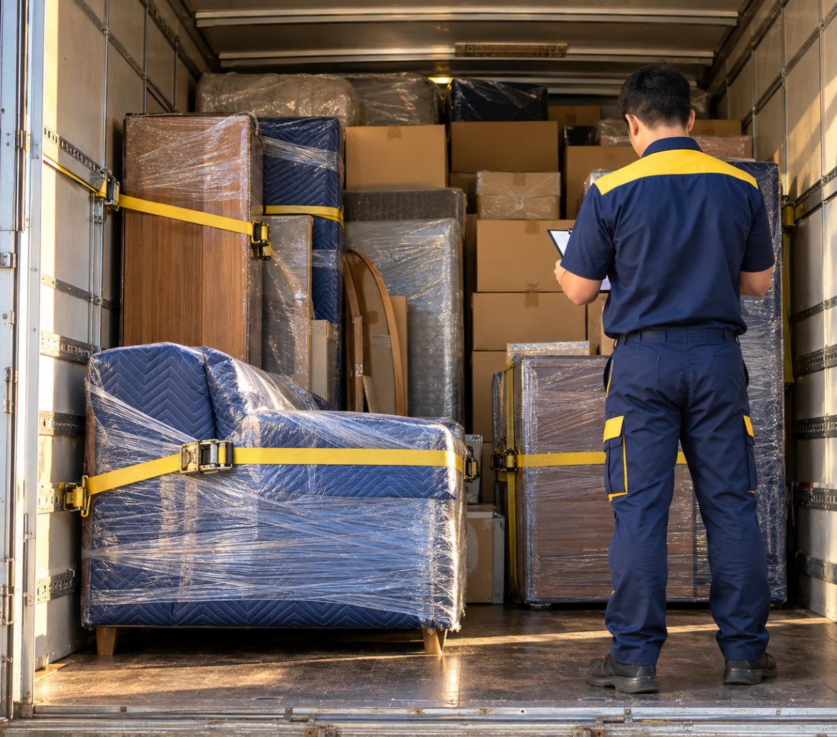 Nhân viên Bắc Nam Express kiểm đếm đồ đạc đã chằng buộc trên thùng xe